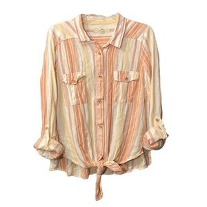 Womans longsleve linen/rayon mocha terra stripped button up